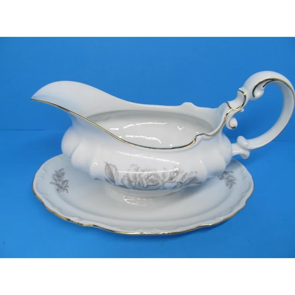 Hertel Jacob Damask Gravy Sauce Boat w/ Attached Underplate White w/Gold Trim